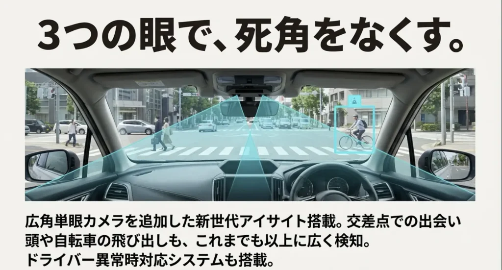 新世代アイサイト 3眼カメラと広角検知 ステレオカメラに広角単眼カメラを追加し、交差点での検知範囲を拡大した新世代アイサイトのイメージ画像。