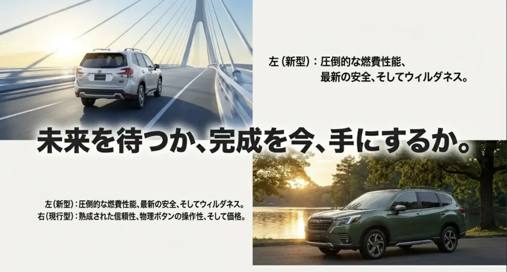 新型フォレスター対現行モデル 比較まとめ 左側に新型のメリット(燃費・最新安全)、右側に現行型のメリット(熟成・物理ボタン・価格)を対比させた比較スライド。