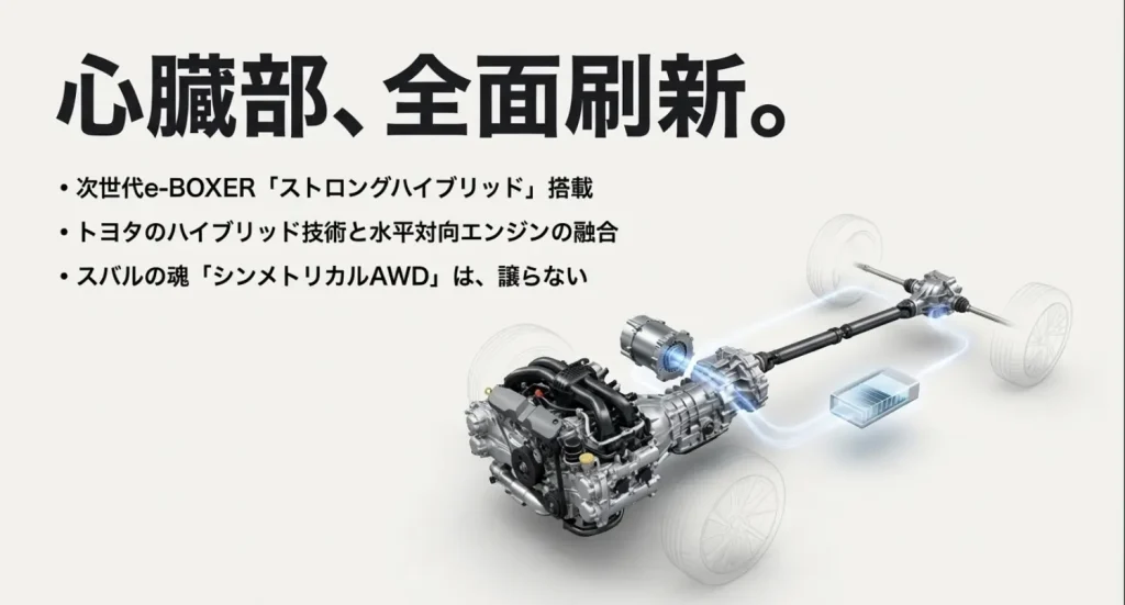 スバル 次世代e-BOXER ストロングハイブリッドシステム トヨタのハイブリッド技術と水平対向エンジンを融合させた次世代e-BOXERの構造解説