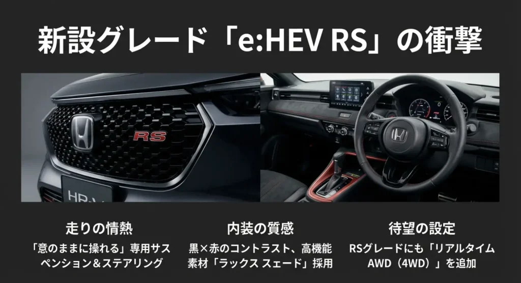 新型ヴェゼルRSグレード専用のブラックメッシュグリルと、レッドステッチが施された本革巻ステアリングおよび内装の詳細