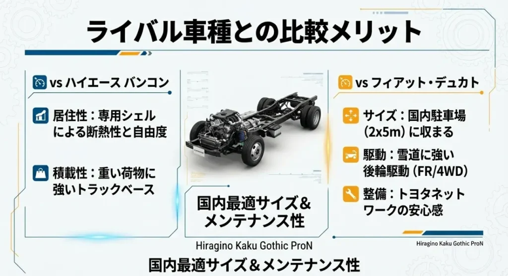 新型カムロード ハイエース・デュカトとの比較メリット ハイエースバンコンとの居住性・積載性の比較や、フィアット・デュカトとの国内最適サイズ・整備性における比較表