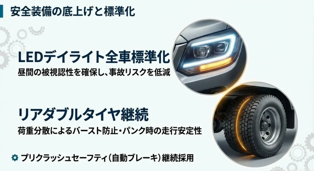 新型カムロード2026 安全装備の底上げと標準化 LEDデイライトの全車標準化や、リアダブルタイヤ、プリクラッシュセーフティの継続採用など安全装備のまとめ