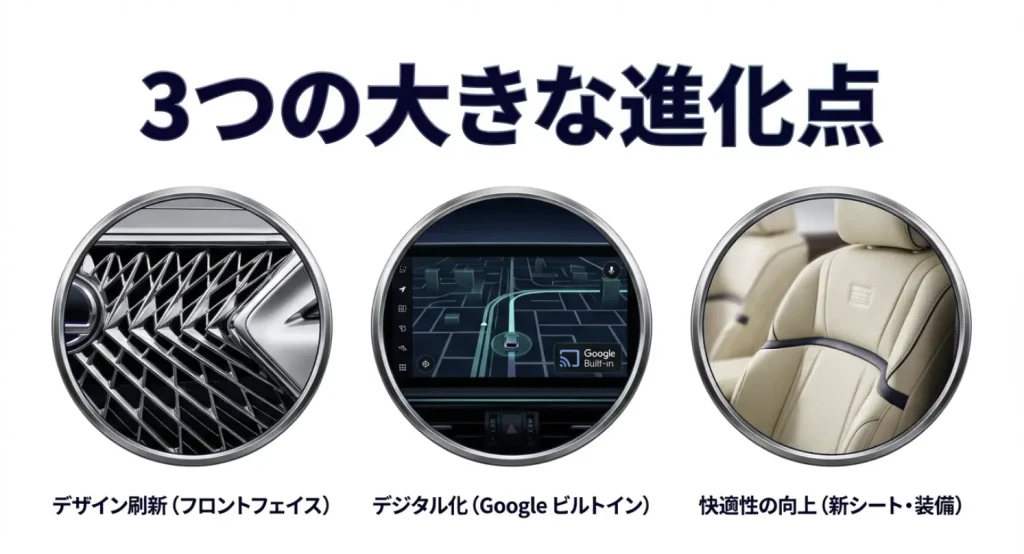 フロントフェイスのデザイン刷新、Googleビルトインによるデジタル化、新シート装備による快適性の向上という3つの大きな進化点 
