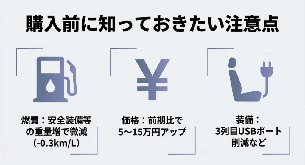 購入前に知っておきたい燃費の微減や価格のアップ、一部装備の削減などの注意点 
