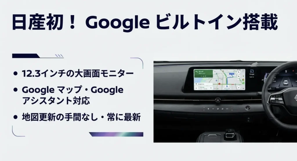 日産初となるGoogleビルトインを搭載した12.3インチの大画面モニターとマップ機能 