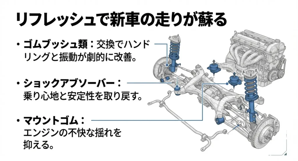 リフレッシュで新車の走りが蘇る(ゴムブッシュ、ショックアブソーバー、マウントゴムの交換)